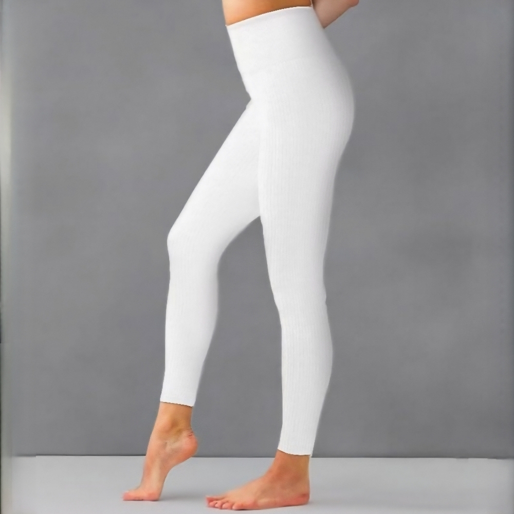 Warners Blissful Benefits White Ribbed High-Waisted Leggings, Size S/M ~ EUC